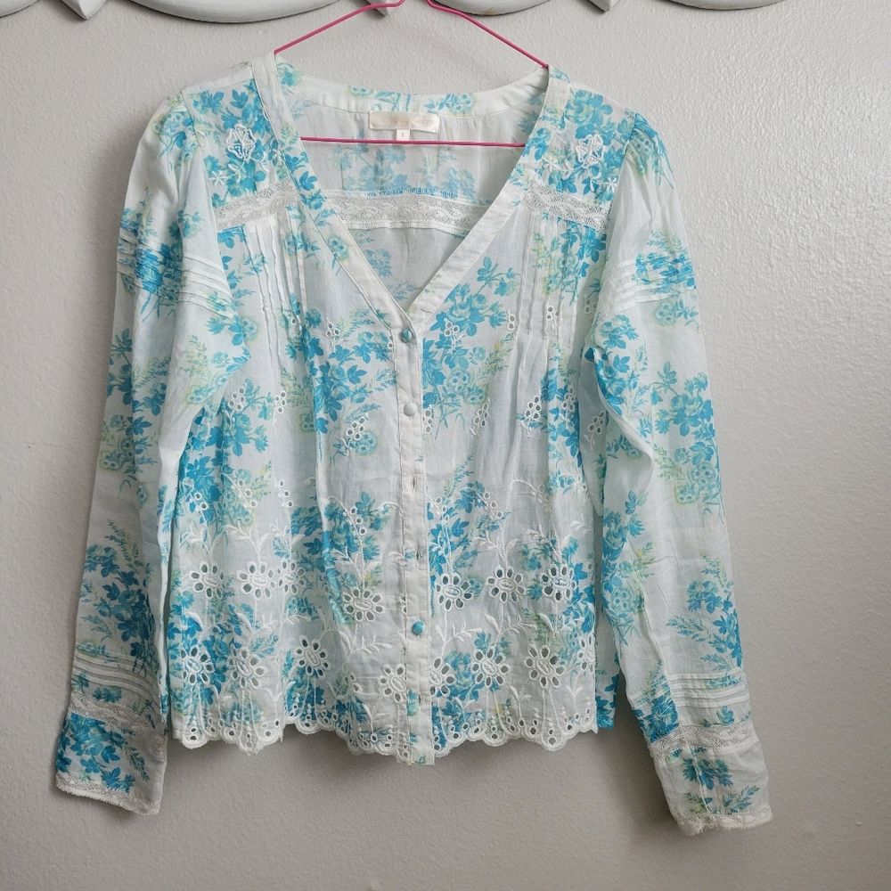 LoveShackFancy "Mauro" White Floral Eyelet Blouse